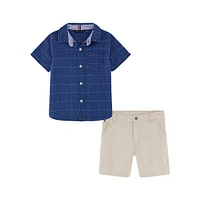 Little Boy's 2-Piece Short-Sleeve Striped Oxford Shirt & Twill Shorts Set