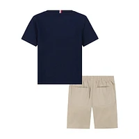 Little Boy's 2-Piece Chest-Stripe Crewneck T-Shirt & Twill Shorts Set