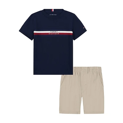 Little Boy's 2-Piece Chest-Stripe Crewneck T-Shirt & Twill Shorts Set