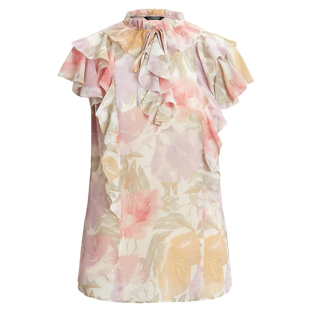 Floral Ruffle Tie-Neck Blouse