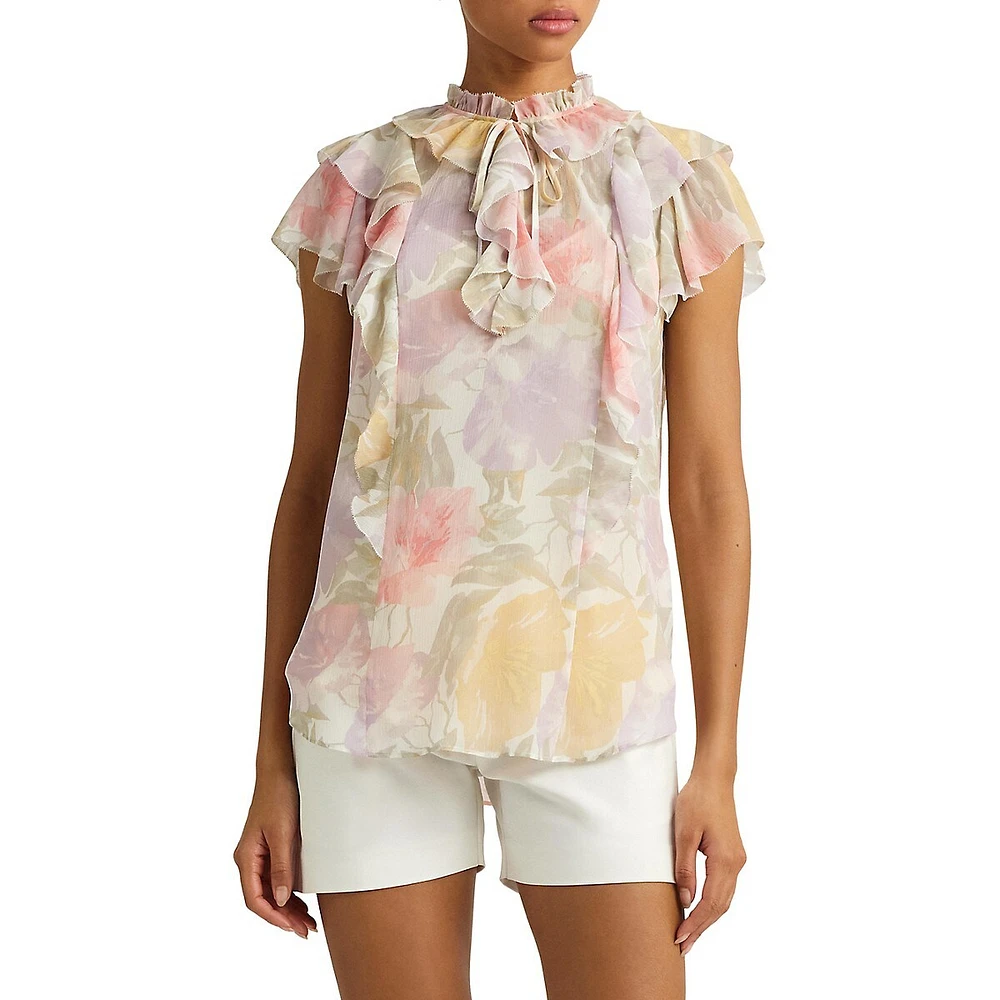 Floral Ruffle Tie-Neck Blouse