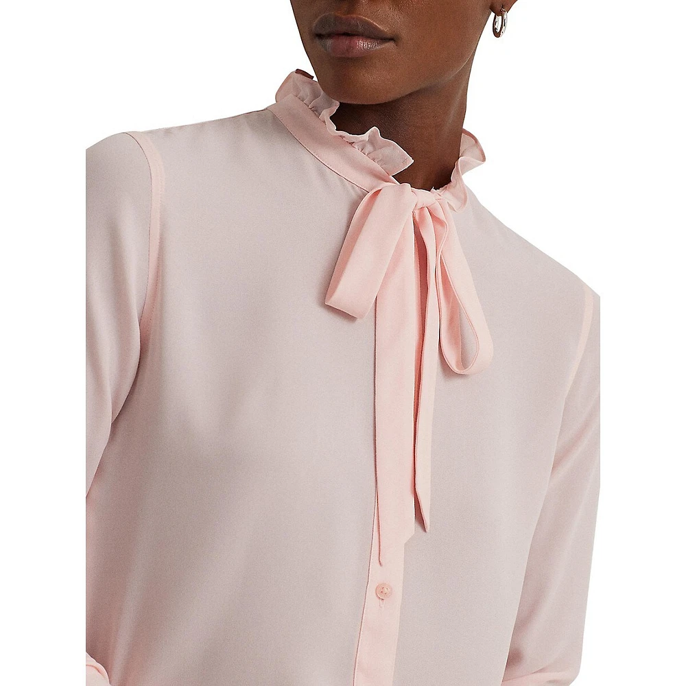 Ruffled Tie-Neck Tuxedo Shirt