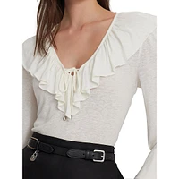 Ruffled Tie-Neck Linen-Viscose Blouse