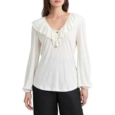 Ruffled Tie-Neck Linen-Viscose Blouse