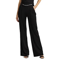 Chain-Detail Pleated Wide-Leg Pants