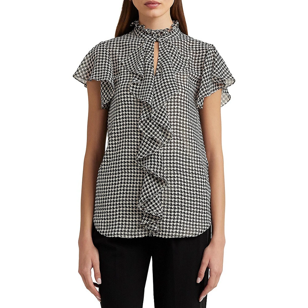 Ruffled Houndstooth Chiffon Blouse