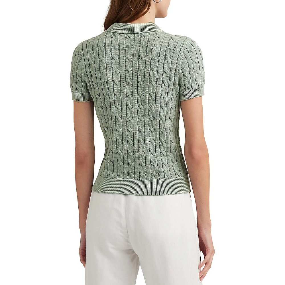 Short-Sleeve Cable-Knit Polo Sweater