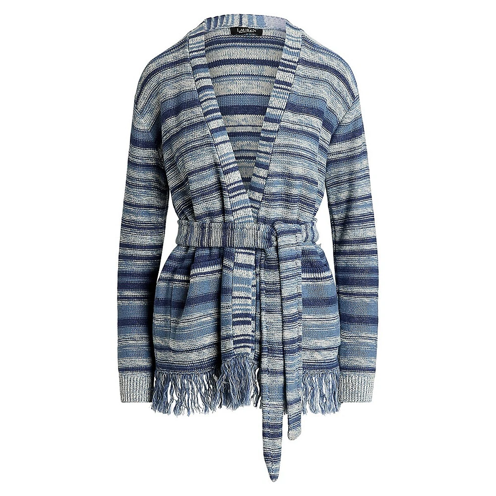 Tied Marled Linen-Cotton Fringe Cardigan