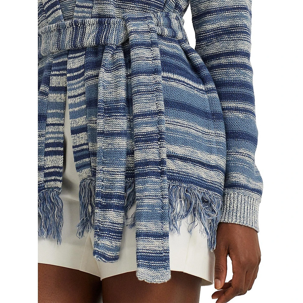 Tied Marled Linen-Cotton Fringe Cardigan