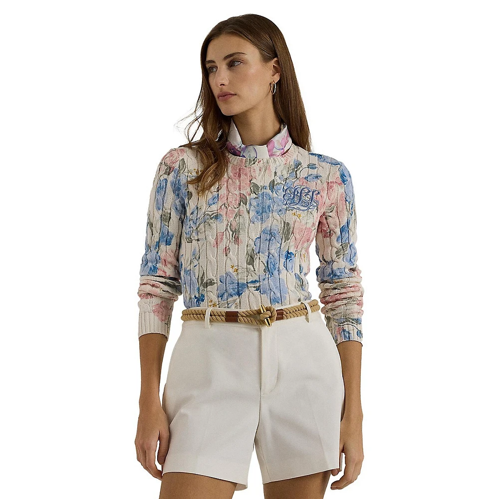 Floral Cable-Knit Crewneck Sweater