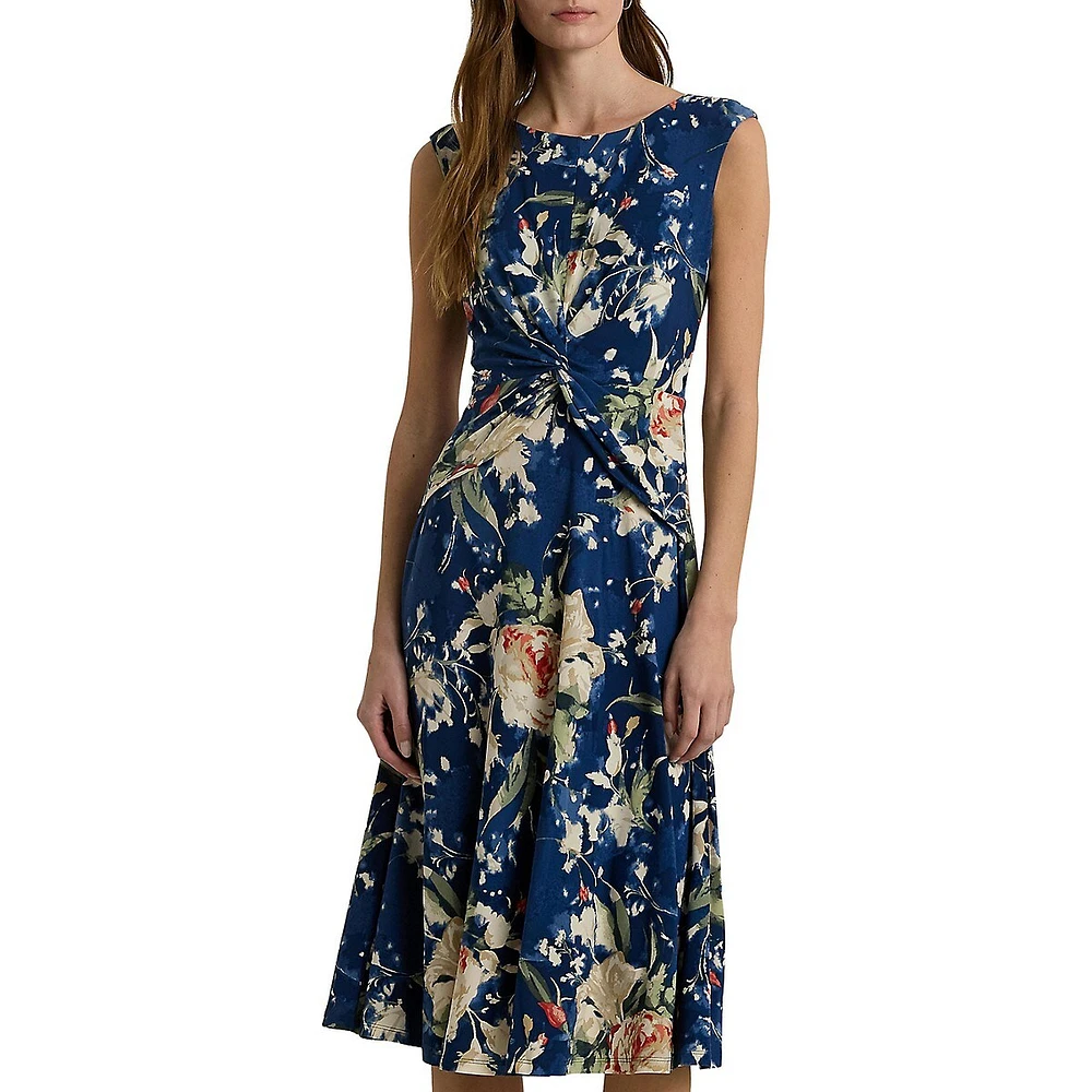 Floral Twist-Front Stretch Jersey Dress