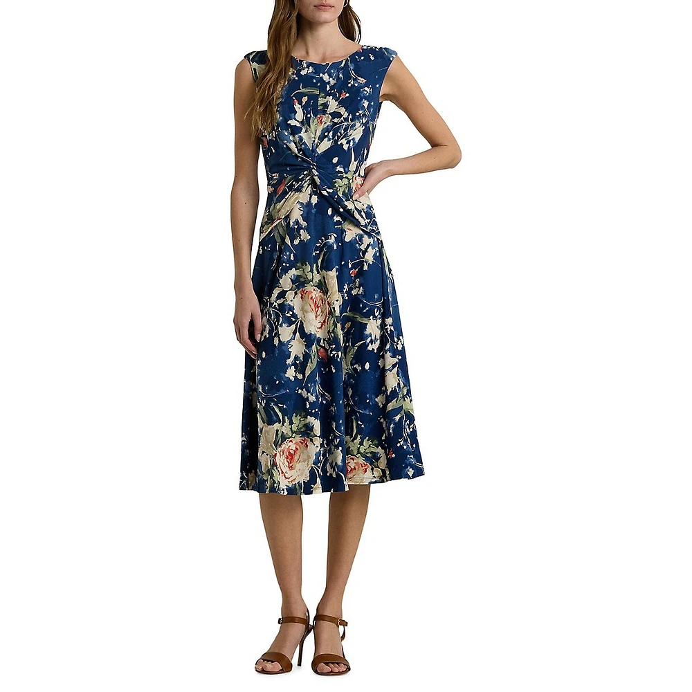 Floral Twist-Front Stretch Jersey Dress