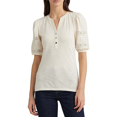 Lace Puff-Sleeve Henley Top