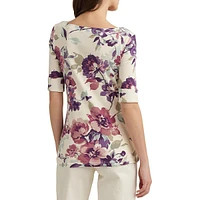 T-shirt coupe slim à col bateau et fleurs
