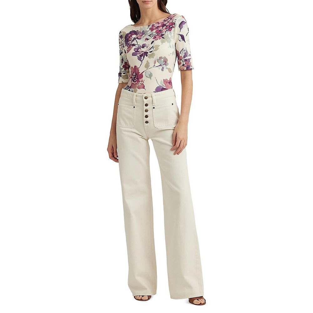 T-shirt coupe slim à col bateau et fleurs