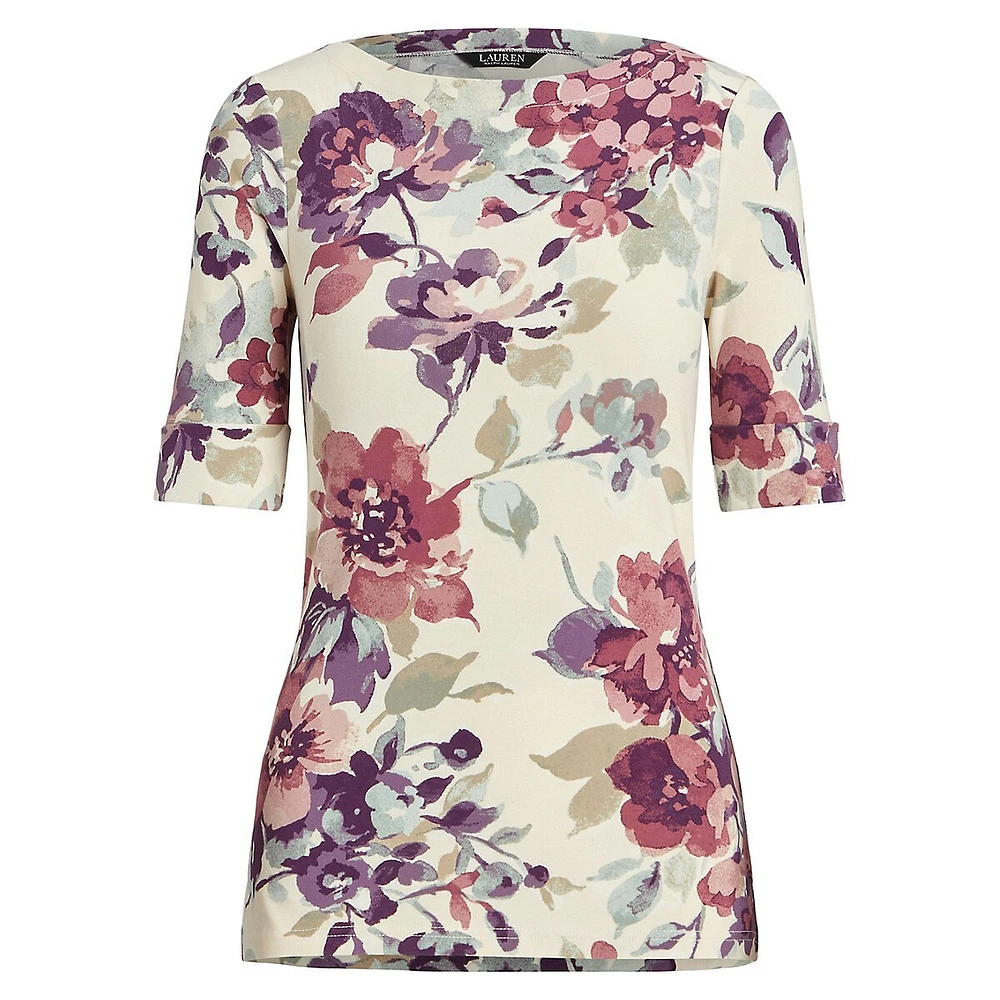 T-shirt coupe slim à col bateau et fleurs
