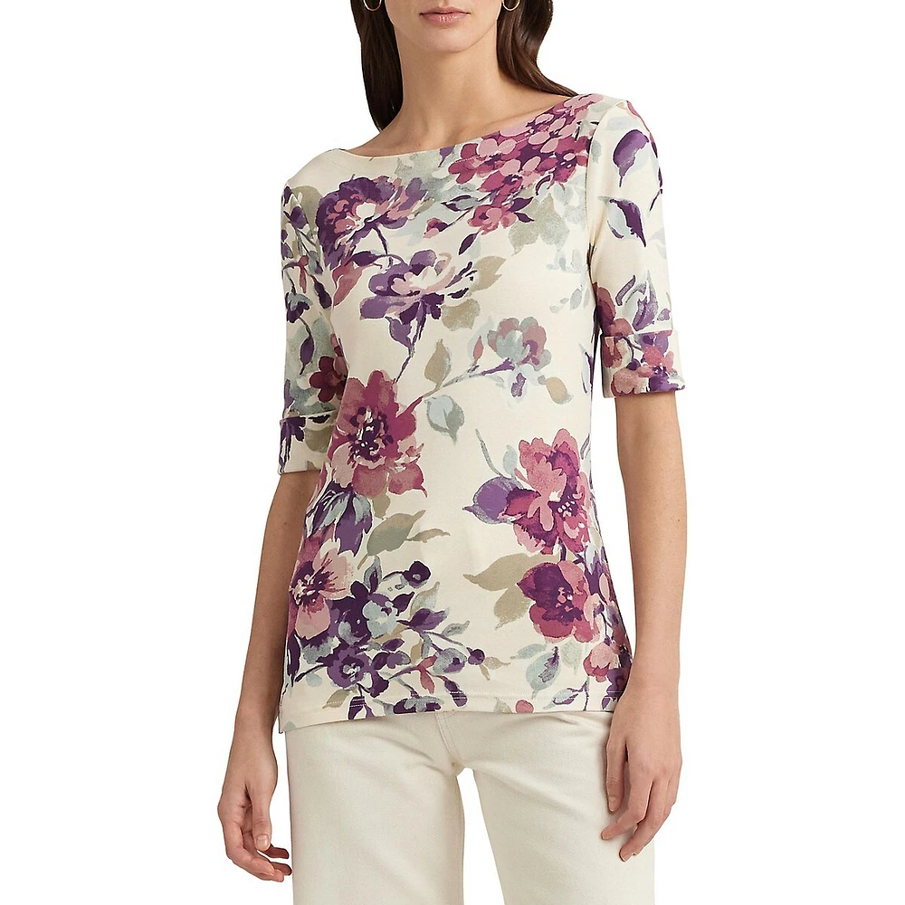 T-shirt coupe slim à col bateau et fleurs