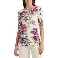 T-shirt coupe slim à col bateau et fleurs