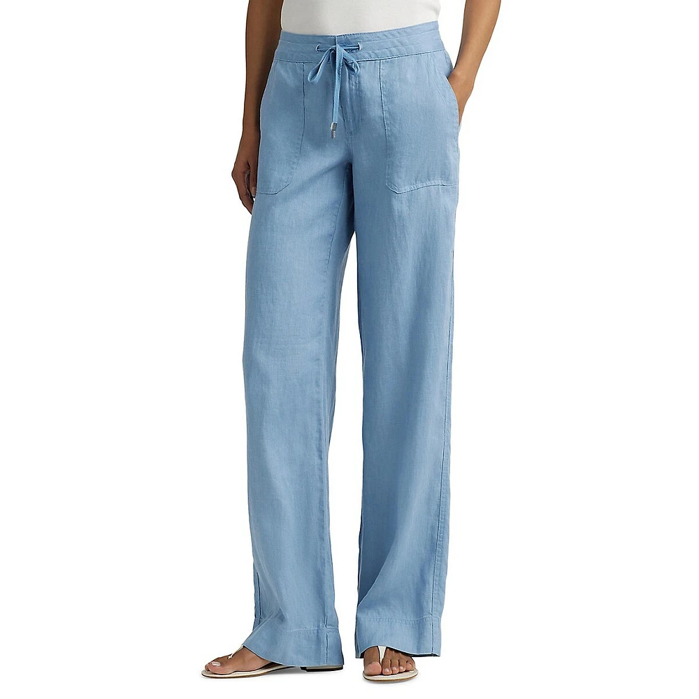 Linen Wide-Leg Drawstring Pants