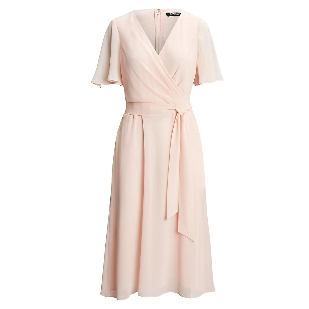 Belted Flutter Surplice Midi Dress