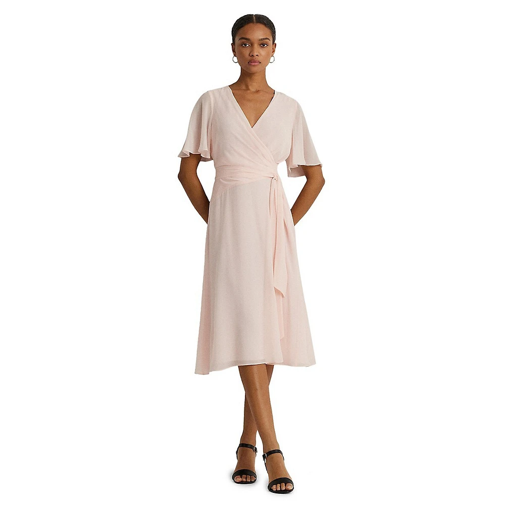 Belted Flutter Surplice Midi Dress