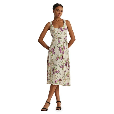 Floral Bubble Crepe Belted Midi Dress