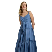 Robe mi-longue sans manches à volants et nouer sur le devant