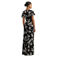 Belted Floral Flutter-Sleeve Ruffle Gown