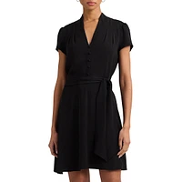 Belted V-Neck Short-Sleeve Georgette Dress