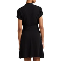 Belted V-Neck Short-Sleeve Georgette Dress