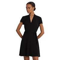 Belted V-Neck Short-Sleeve Georgette Dress