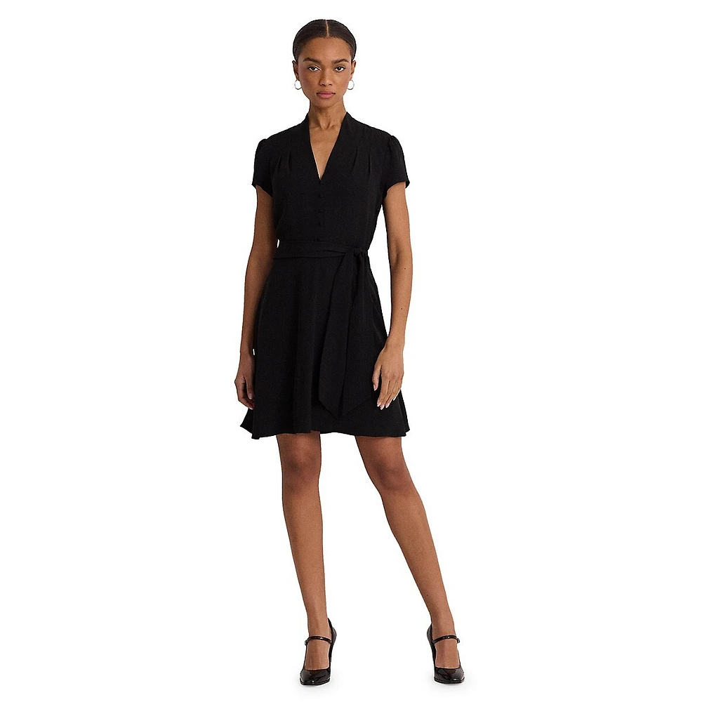 Belted V-Neck Short-Sleeve Georgette Dress