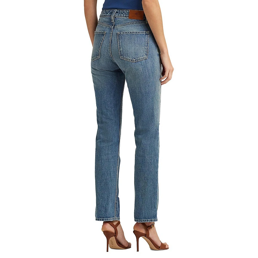 High-Rise Distressed Straight Ankle Jeans