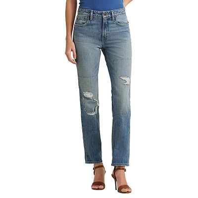 High-Rise Distressed Straight Ankle Jeans