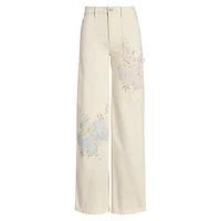 Floral-Print High-Rise Wide-Leg Jeans