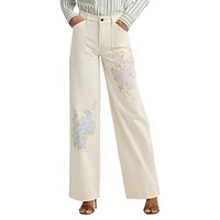 Floral-Print High-Rise Wide-Leg Jeans