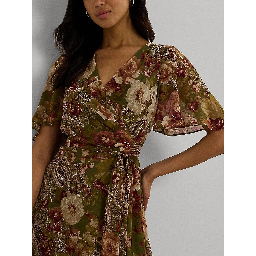 Robe mi-longue en georgette froissée à fleurs