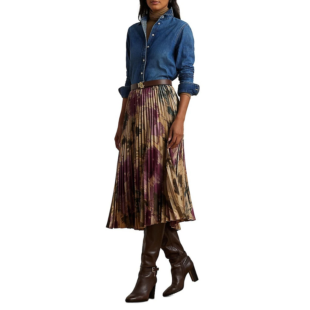 Floral Pleated Satin Charmeuse Midi Skirt