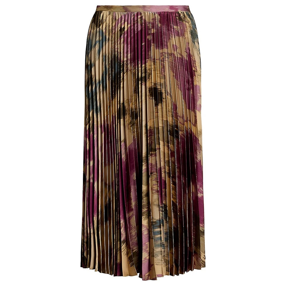 Floral Pleated Satin Charmeuse Midi Skirt