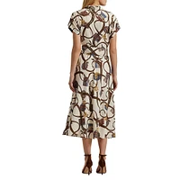 Belt-Print Wrap-Bodice Belted Crepe Dress