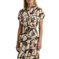 Belt-Print Wrap-Bodice Belted Crepe Dress