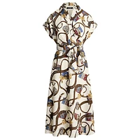 Belt-Print Wrap-Bodice Belted Crepe Dress