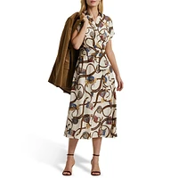 Belt-Print Wrap-Bodice Belted Crepe Dress