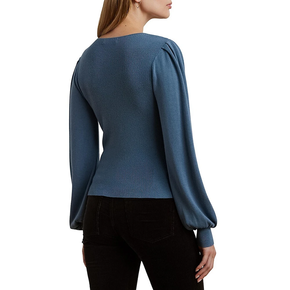 Blouson-Sleeve Cotton-Blend Ribbed Sweater