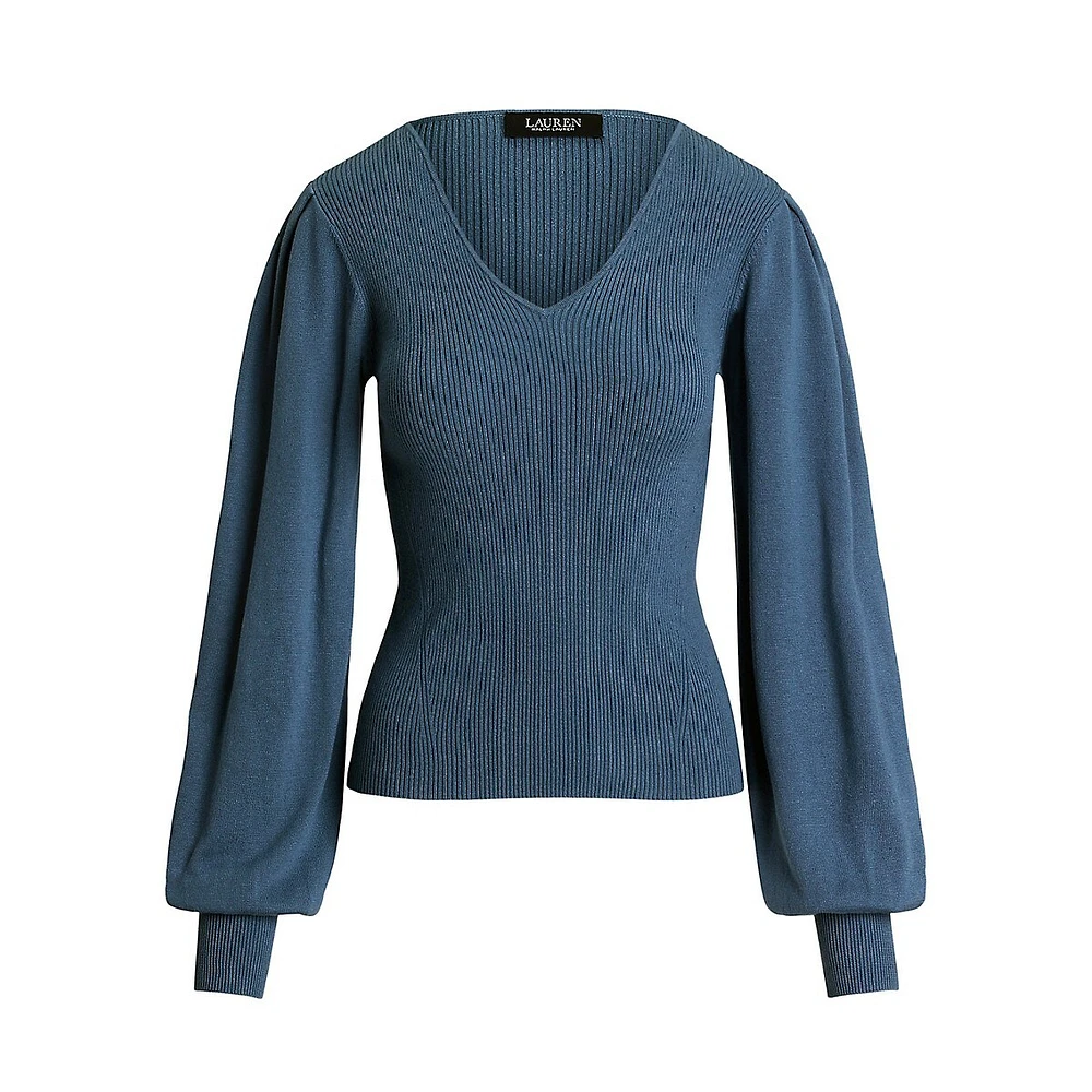 Blouson-Sleeve Cotton-Blend Ribbed Sweater