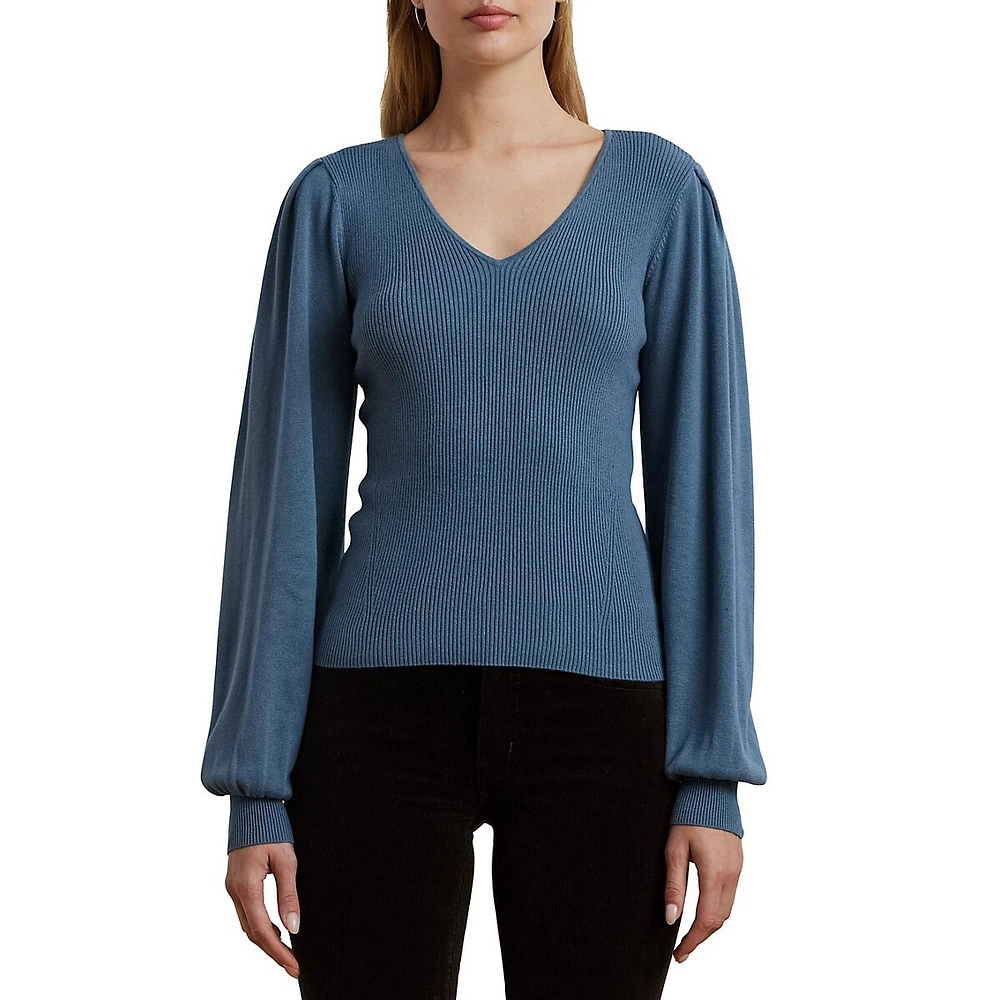 Blouson-Sleeve Cotton-Blend Ribbed Sweater