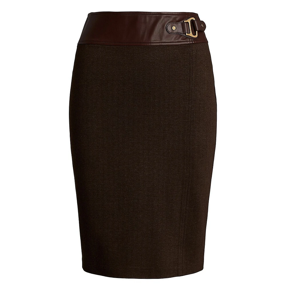 Buckle-Trim Herringbone Pencil Skirt