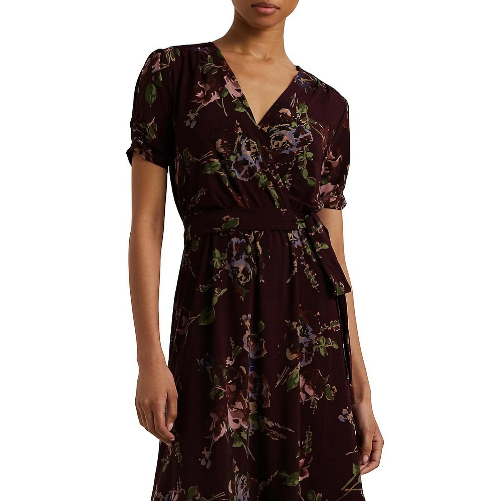 Floral Jersey Surplice Puff-Sleeve Midi Dress