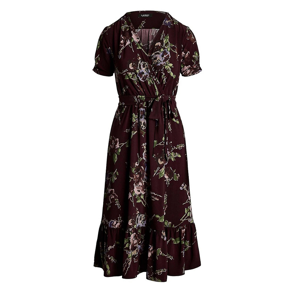 Floral Jersey Surplice Puff-Sleeve Midi Dress