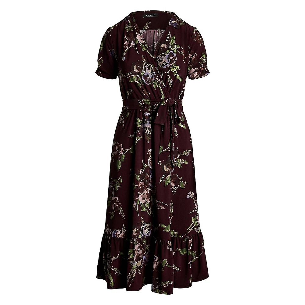 Floral Jersey Surplice Puff-Sleeve Midi Dress